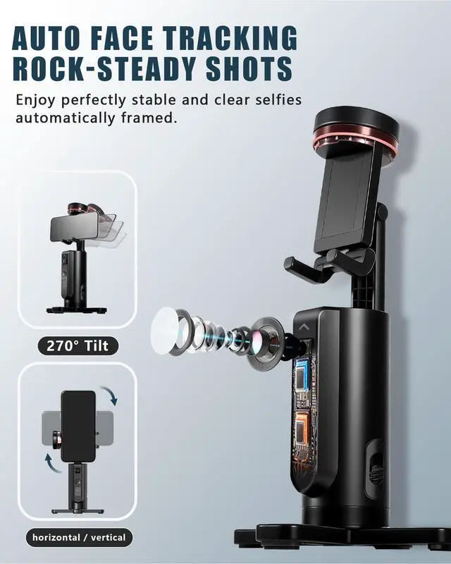 Alt view image 2 of 7 - Auto-Tracking Phone Tripod, 360° Rotation Auto Face Tracking Tripod with Gesture & Remote Control, Cell Phone Tripod Stand for Recording, Universal 1/4-Inch Mount for Tripods/Selfie Sticks