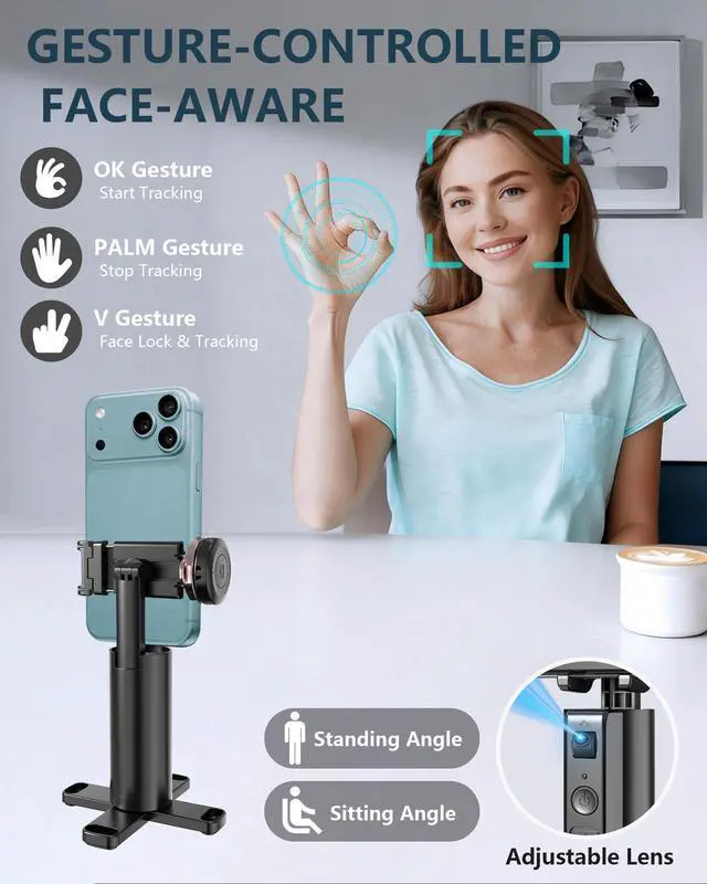 Alt view image 3 of 7 - Auto-Tracking Phone Tripod, 360° Rotation Auto Face Tracking Tripod with Gesture & Remote Control, Cell Phone Tripod Stand for Recording, Universal 1/4-Inch Mount for Tripods/Selfie Sticks