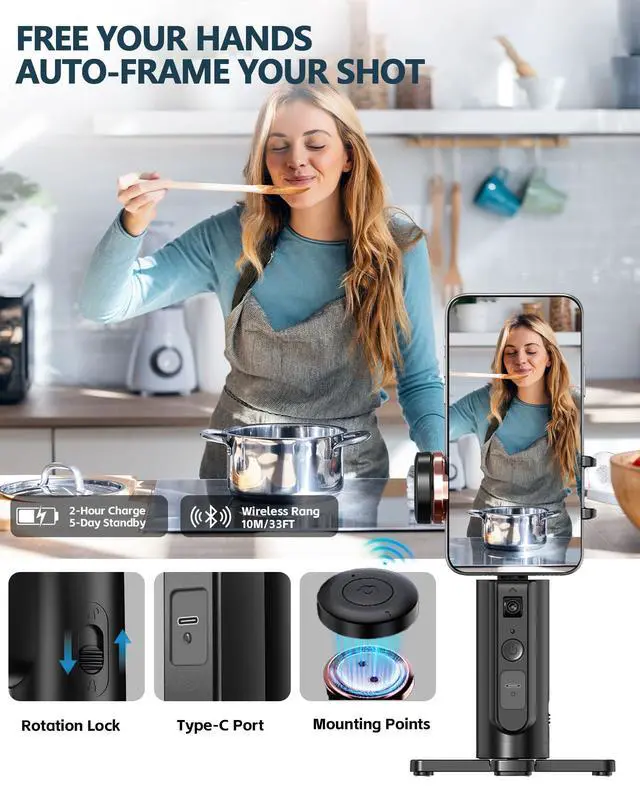 Alt view image 7 of 7 - Auto-Tracking Phone Tripod, 360° Rotation Auto Face Tracking Tripod with Gesture & Remote Control, Cell Phone Tripod Stand for Recording, Universal 1/4-Inch Mount for Tripods/Selfie Sticks