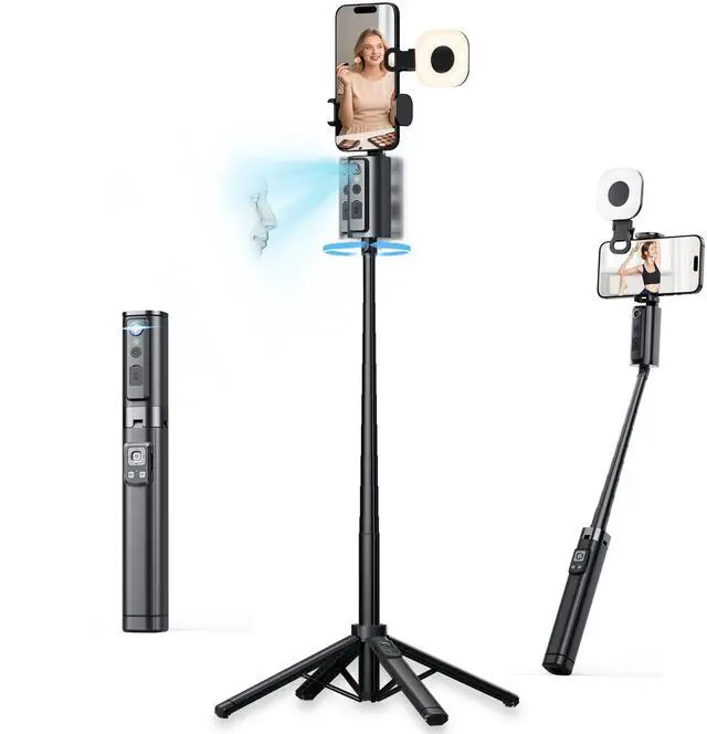 Main image of Auto Face Tracking Tripod with Light for Phone, 59" AI Tracking 360° Rotation Stand Follows Your Movement, No App, Remote Control Gesture Control for Content Creater Photos Video Recording
