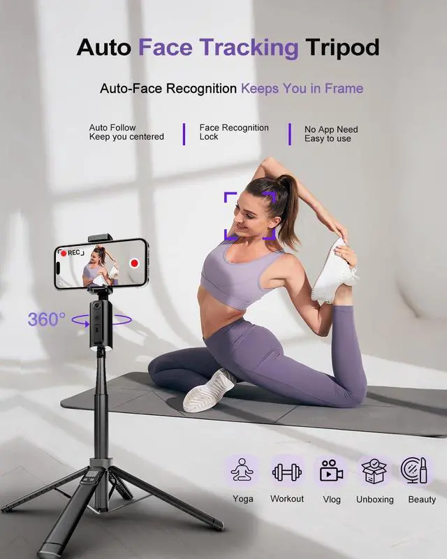 Alt view image 3 of 7 - Auto Face Tracking Tripod with Light for Phone, 59" AI Tracking 360° Rotation Stand Follows Your Movement, No App, Remote Control Gesture Control for Content Creater Photos Video Recording