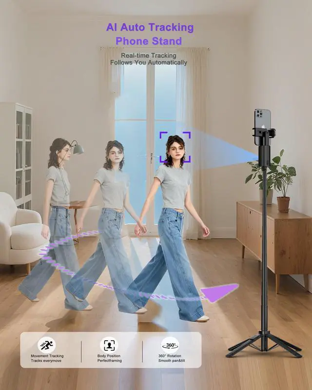 Alt view image 2 of 7 - Auto Face Tracking Tripod with Light for Phone, 59" AI Tracking 360° Rotation Stand Follows Your Movement, No App, Remote Control Gesture Control for Content Creater Photos Video Recording