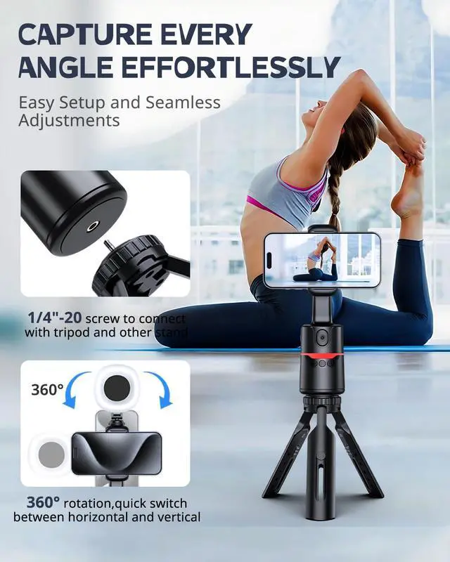 Alt view image 4 of 7 - Auto Face Tracking Tripod with Adjustable Desk Tripod, 360° Rotating vlogging kit for iPhone with Remote & Gesture Control, Rechargeable Selfie Fill Light, No App Required