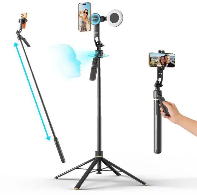 Main image of Auto Face Tracking Tripod for iPhone Magnetic Phone Mount Gesture Control Detachable Mini Ring Light 64" 360 Degree AI Tracking Phone Tripod for Vlogging YouTube TikTok Video Recording