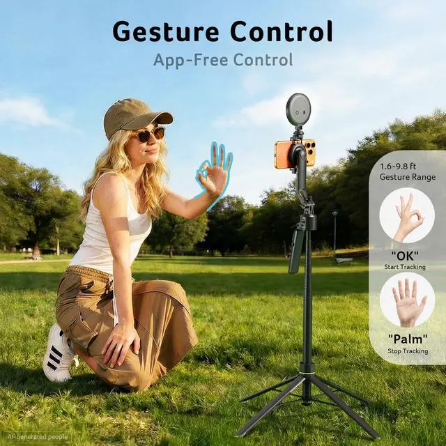 Alt view image 5 of 6 - Auto Face Tracking Tripod for iPhone Magnetic Phone Mount Gesture Control Detachable Mini Ring Light 64" 360 Degree AI Tracking Phone Tripod for Vlogging YouTube TikTok Video Recording