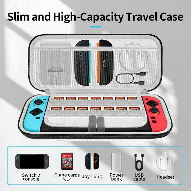 Alt view image 3 of 7 - Carrying Case for Nintendo Switch 2, Premium Odorless Hard Felt with Screen Protector, Portable Protection Travel Bag with 14 Game Cartridges for Storage Console Accessories, White