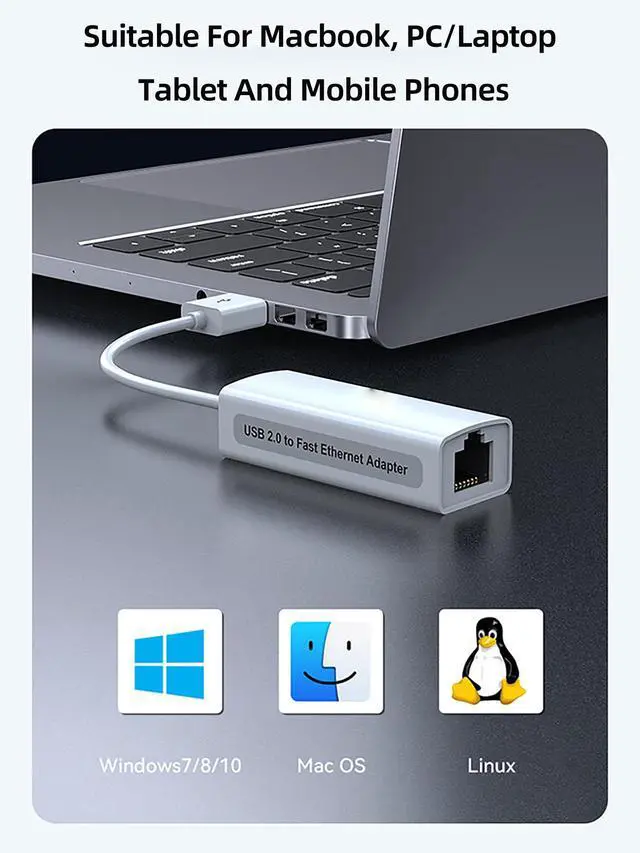 Alt view image 2 of 7 - USB to Ethernet Adapter, 100Mbps High-Speed RJ45 Internet Adapter, USB2.0 to Ethernet Converter for Laptop/MacBook/Surface/PC, Plug & Play, Compact & Portable,for Gaming, Home Office, USBA 100M