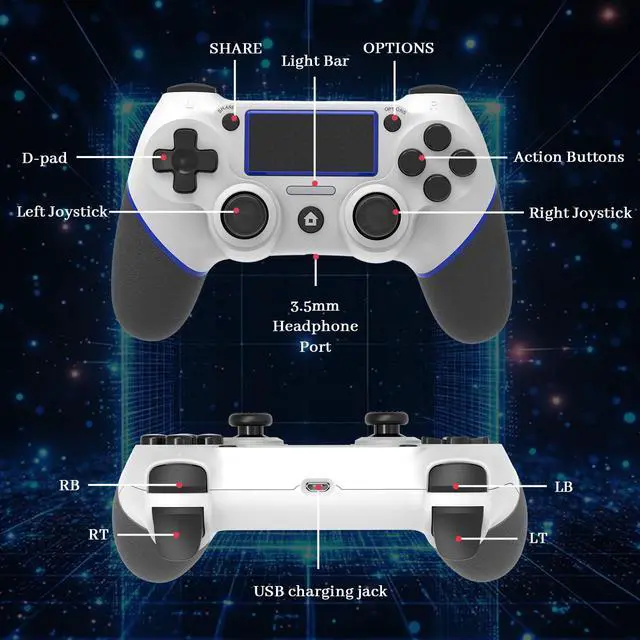 Alt view image 5 of 7 - Wireless Controller for Ps4 Controller Compatible with PS4/Slim/Pro/Windows PC,with Touchpad/Vib-ration/Built-in Speaker&3.5mm Headphone Jack/Six-axis Motion Control/USB-C Charging Cable (White Blue)