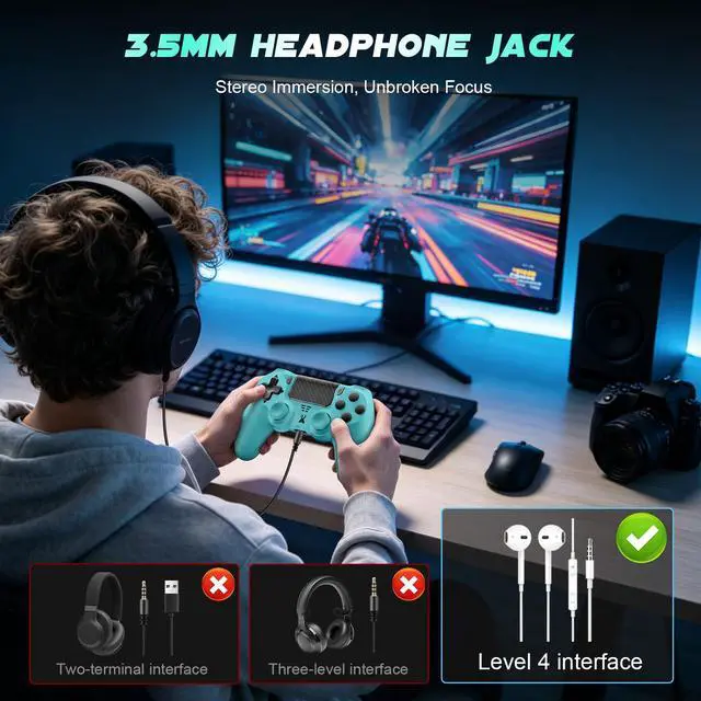 Alt view image 4 of 7 - Wireless Controller for PS-4, Gamepad with Dual Vibration/Hall Effect Joysticks/Six-axis Gyroscope Sensor/Touchpad, Built-in Speaker & Headphone Jack, Compatible with PS4/Slim/Pro Console/PC