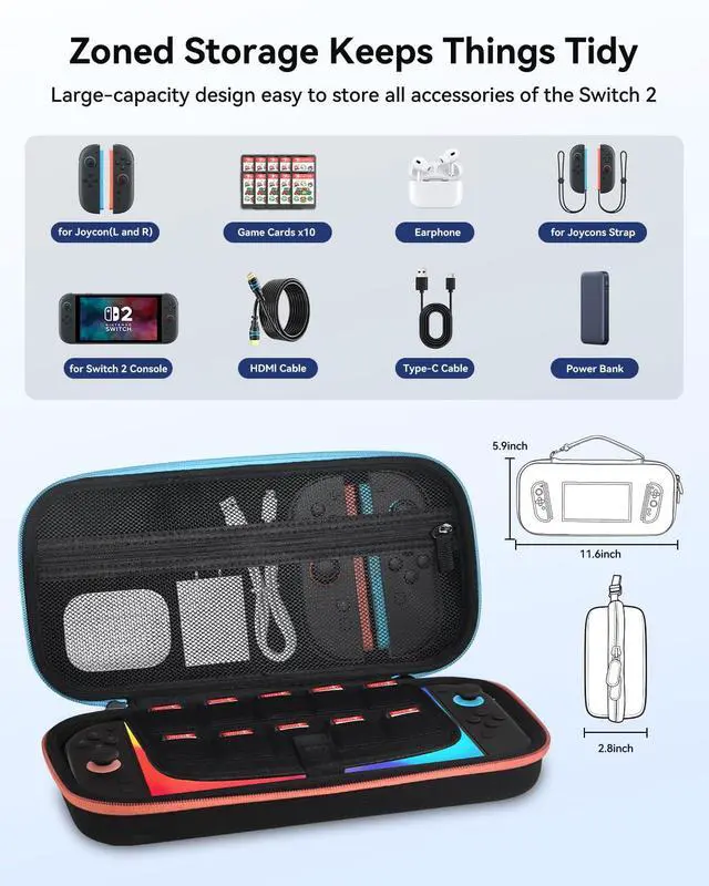 Alt view image 5 of 7 - Carrying Case for Nintendo Switch 2 (2025), Hard Shell Travel Storage with Soft Interior, Fits Console, Charger & Accessories, 10 Game Card Slots, Portable Protective Case - Black