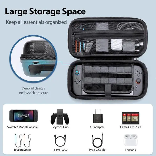 Alt view image 2 of 7 - Switch 2 Carrying Case - Large Capacity Travel Case with Adjustable Shoulder Strap, 22 Game Card Slots, Hard Shell Protection, Fits AC Adapter, Grips, HDMI Cable & Accessories