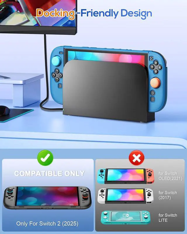 Alt view image 3 of 7 - Upgrade Switch 2 Protective Case&Screen Protector Set, Dockable Cute Cover Hard Shell Skin for Nintendo Switch 2 Console Accessories,Travel-Friendly,Kickstand Cutout(Blue, for Switch 2 7.9inch)