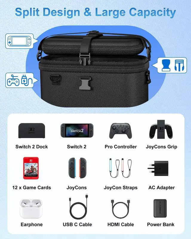 Alt view image 3 of 7 - All-in-One Carrying Case for Nintendo Switch 2, Dual-Layer Hard Shell Travel Bag for Console, Dock, Controllers & Accessories, Protective Storage Case, Large Capacity - Black