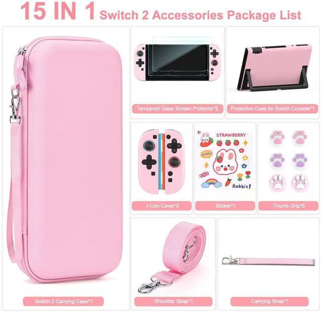 Alt view image 3 of 7 - Switch 2 Accessories Bundle, 15 in 1 Pink Switch 2 Accessories Kit for Girls Include Carrying Case, Shoulder Strap, Wrist Strap & Stickers, Protective Case for Switch Console & J-Con