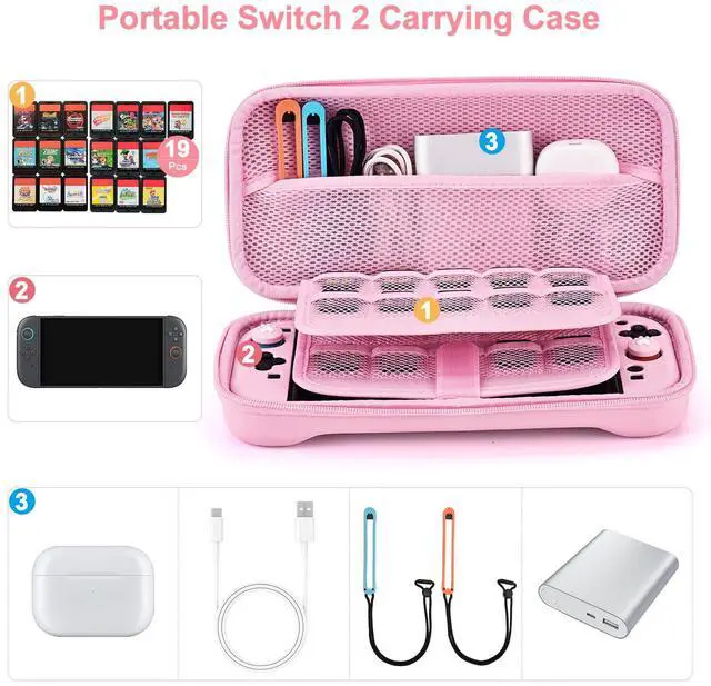 Alt view image 2 of 7 - Switch 2 Accessories Bundle, 15 in 1 Pink Switch 2 Accessories Kit for Girls Include Carrying Case, Shoulder Strap, Wrist Strap & Stickers, Protective Case for Switch Console & J-Con