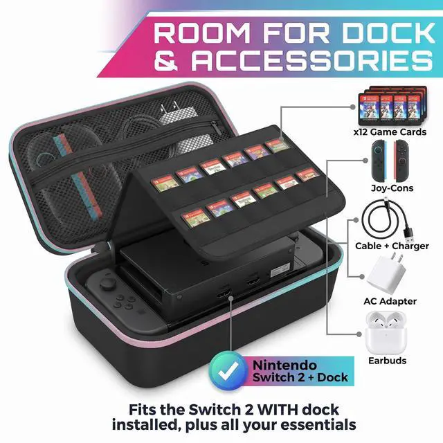 Alt view image 2 of 7 - All-in-One Carrying Case for Nintendo Switch 2 with Dock Storage, Fits Console Dock Joy-Cons Charger & Game Cards, Hard Shell Shockproof Travel Case, Switch 2 OLED Original Compatible - 2026