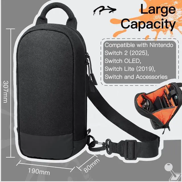 Alt view image 2 of 7 - Sling Crossbody Bag for Nintendo Switch 2/Switch OLED/Switch Console, Shoulder Bag with 8 Game Card Slots, Large Capacity for Accessories & Charger, Perfect for Daily Use & Travel, Black