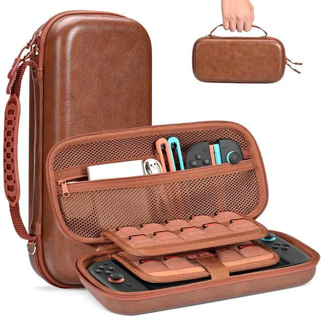 Main image of Switch 2 Case, Hard EVA Shell PU Leather Switch 2 Carrying Case for NS2, Built-in Tracker Slot, 19 Game Card & 2 SD Slots, Zipper Mesh Pocket, Travel Storage Bag with Carrying Strap (Brown)