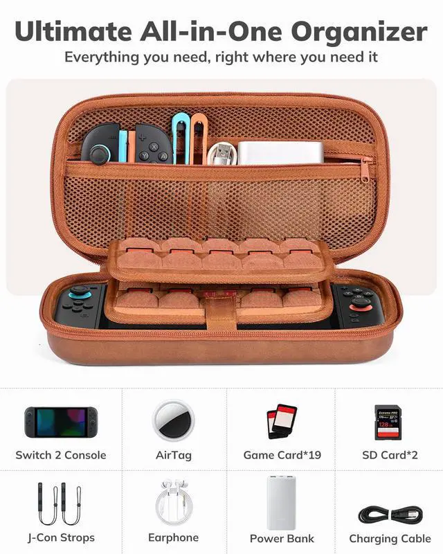 Alt view image 3 of 7 - Switch 2 Case, Hard EVA Shell PU Leather Switch 2 Carrying Case for NS2, Built-in Tracker Slot, 19 Game Card & 2 SD Slots, Zipper Mesh Pocket, Travel Storage Bag with Carrying Strap (Brown)