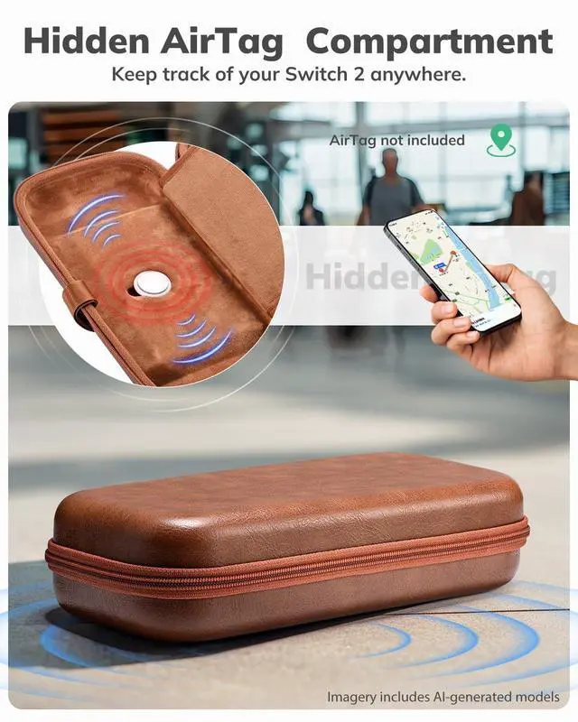 Alt view image 4 of 7 - Switch 2 Case, Hard EVA Shell PU Leather Switch 2 Carrying Case for NS2, Built-in Tracker Slot, 19 Game Card & 2 SD Slots, Zipper Mesh Pocket, Travel Storage Bag with Carrying Strap (Brown)