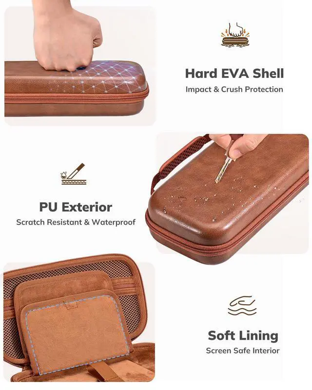 Alt view image 5 of 7 - Switch 2 Case, Hard EVA Shell PU Leather Switch 2 Carrying Case for NS2, Built-in Tracker Slot, 19 Game Card & 2 SD Slots, Zipper Mesh Pocket, Travel Storage Bag with Carrying Strap (Brown)
