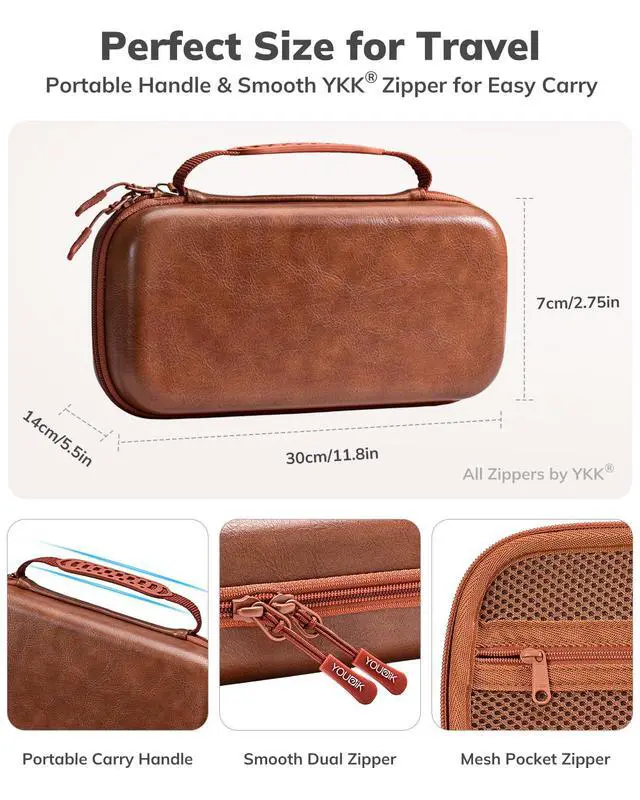 Alt view image 6 of 7 - Switch 2 Case, Hard EVA Shell PU Leather Switch 2 Carrying Case for NS2, Built-in Tracker Slot, 19 Game Card & 2 SD Slots, Zipper Mesh Pocket, Travel Storage Bag with Carrying Strap (Brown)