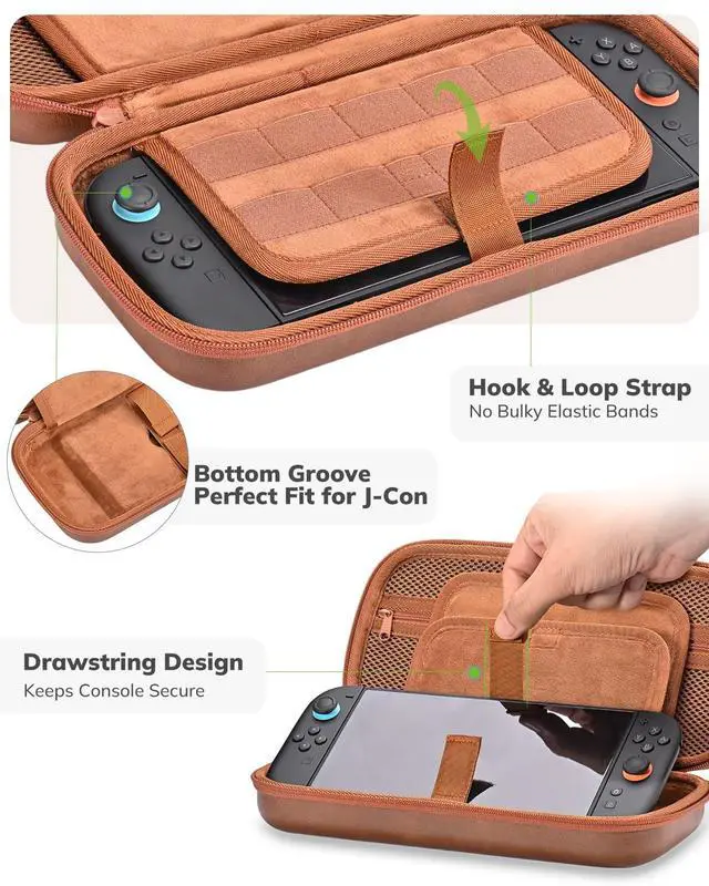 Alt view image 7 of 7 - Switch 2 Case, Hard EVA Shell PU Leather Switch 2 Carrying Case for NS2, Built-in Tracker Slot, 19 Game Card & 2 SD Slots, Zipper Mesh Pocket, Travel Storage Bag with Carrying Strap (Brown)