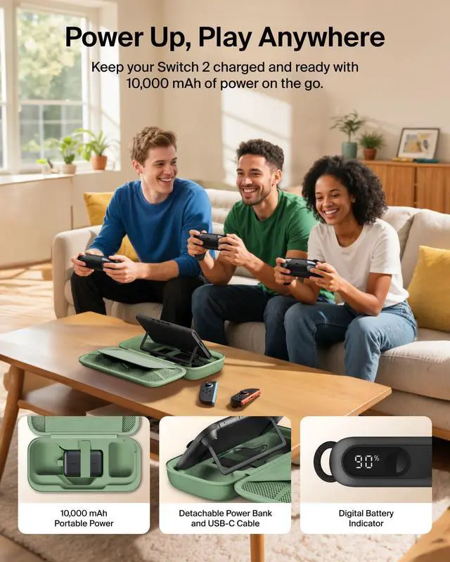 Alt view image 3 of 7 - Nintendo Switch 2 Case w/Integrated 10000mAh Power Bank Charger, Portable Hard Shell Protective Carrying Case with Pockets for AirTag, Game Cartridges for Travel - Sage