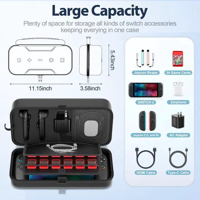 Alt view image 4 of 7 - Carrying Case Compatible with 2025 Nintendo Switch, Portable Switch 2 Travel Carry Case Fit for Joy-Con 2 & Adapter, Hard Shell Protective Pouch Bag with 24 Game Slots, Systems Sega Games, Black