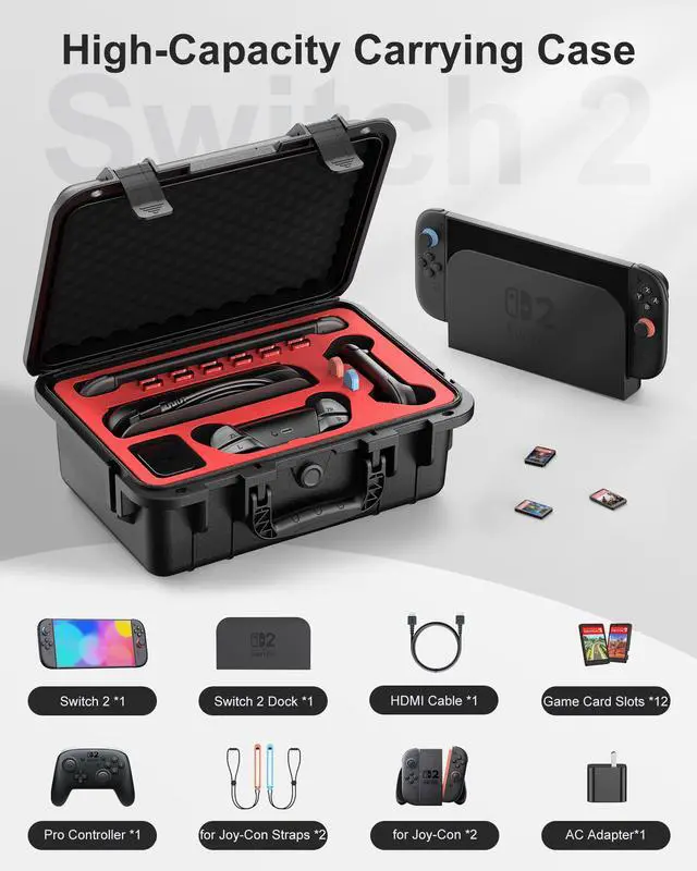 Alt view image 2 of 7 - Hard Carrying Case for Nintendo Switch 2, Professional Deluxe IP67 Waterproof, Soft Lining Hard Travel Case for Nintendo Switch 2 Console Pro Controller & Accessories (Black)