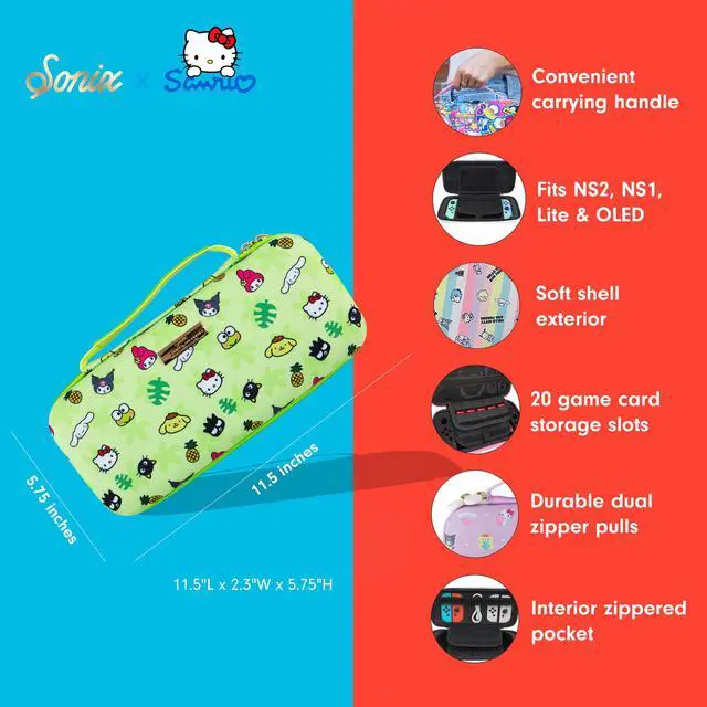 Alt view image 4 of 7 - Carrying Case for Nintendo Switch 2, Switch 1, Lite, OLED, Protective Travel Case with Game Cartridge Storage | Hello Kitty Island Adventure AOP (Green)