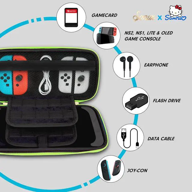 Alt view image 5 of 7 - Carrying Case for Nintendo Switch 2, Switch 1, Lite, OLED, Protective Travel Case with Game Cartridge Storage | Hello Kitty Island Adventure AOP (Green)