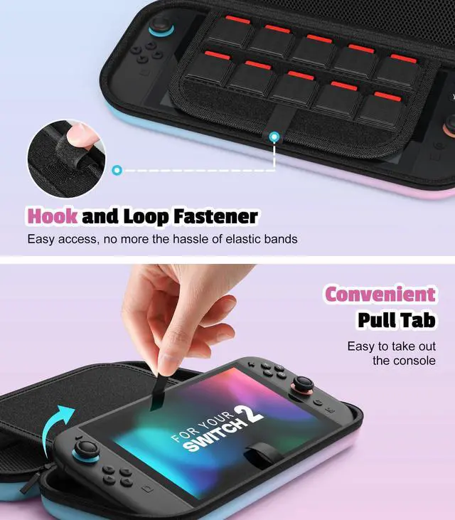Alt view image 5 of 7 - Carrying Case for Nintendo Switch 2(2025), Protective Hard Shell Portable Travel Carry Case Pouch holds 10 Cartridges with Pockets for Switch 2 Accessories and Games, Blue Pink