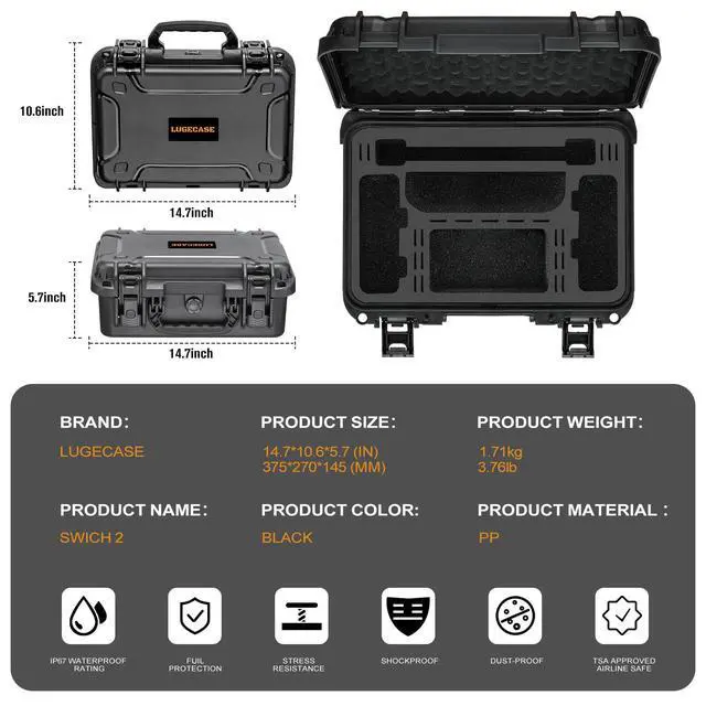 Alt view image 3 of 7 - Carrying Case for Nintendo Switch 2: Extra Large Capacity | Ip67 Waterproof | Deluxe Soft Lining Hard Travel Carrying Case for Switch 2 Console | Pro Controller | Dock & Accessories (Black)