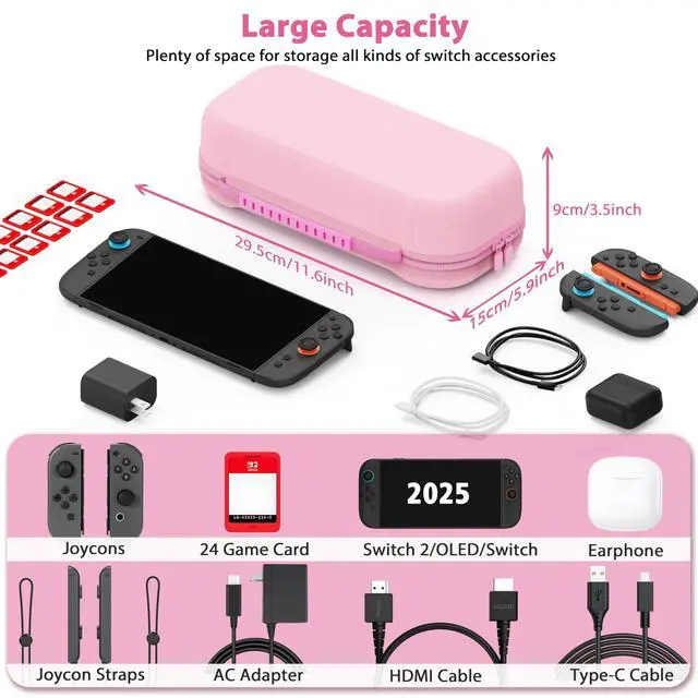 Alt view image 5 of 7 - Carrying Case for Nintendo Switch 2 Model(2025), Large Capacity Travel Case Fits Original Adapter, Joycons, 24 Game Cartridge, Protective Hard Shell Pouch for Switch 2 Accessories, Pink