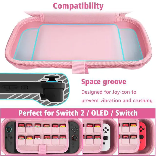 Alt view image 4 of 7 - Carrying Case for Nintendo Switch 2 Model(2025), Large Capacity Travel Case Fits Original Adapter, Joycons, 24 Game Cartridge, Protective Hard Shell Pouch for Switch 2 Accessories, Pink