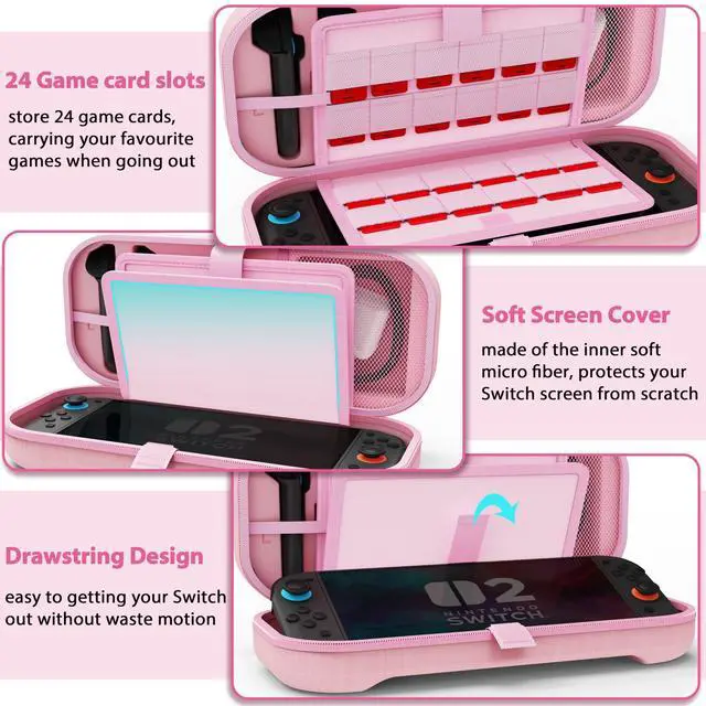 Alt view image 6 of 7 - Carrying Case for Nintendo Switch 2 Model(2025), Large Capacity Travel Case Fits Original Adapter, Joycons, 24 Game Cartridge, Protective Hard Shell Pouch for Switch 2 Accessories, Pink