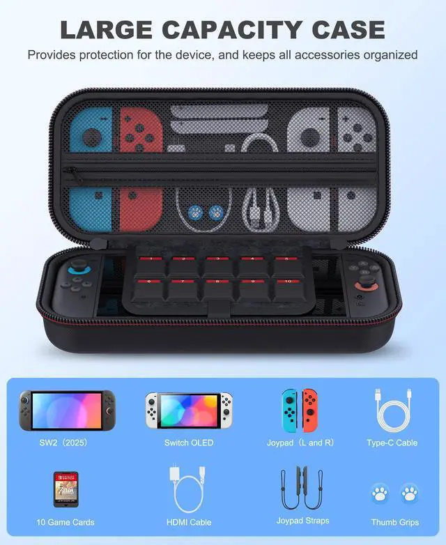 Alt view image 5 of 7 - Switch 2 Carrying Case Compatible with Nintendo Switch 2(2025)/Switch/OLED Console, Protective Hard Portable Travel Carry Case Shell Pouch with Pockets for Switch 2 Accessories and 10 Games
