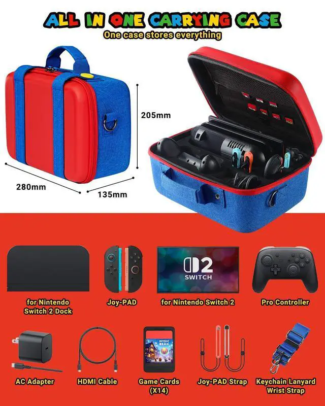 Alt view image 2 of 7 - Switch 2 All in One Carrying Case for Nintendo Switch 2025 Console & Accessories, Portable Large Capacity Carry Storage for Travel, Hard Shell Case for Switch2, Dock, Pro Controller&Joypads
