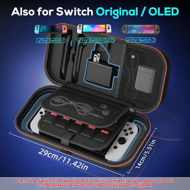 Alt view image 5 of 5 - Charge inside Carrying Case for Nintendo Switch 2 2025 / Switch OLED / Switch with Adapter and for Joy Cons Storage, Travel Cases for Switch 2 Console with 22 Game Card Storage (Carbon Black)
