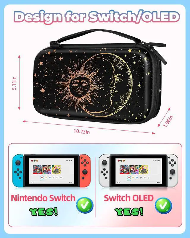 Alt view image 2 of 6 - Carrying Case for Nintendo Switch/Switch OLED Travel Carry Cases Hard Shell Protective Cover Strap Black Sun Moon Cute Girls Boys Accessories Storage Pouch Bag for Switch 1 (2017) /Oled 2021