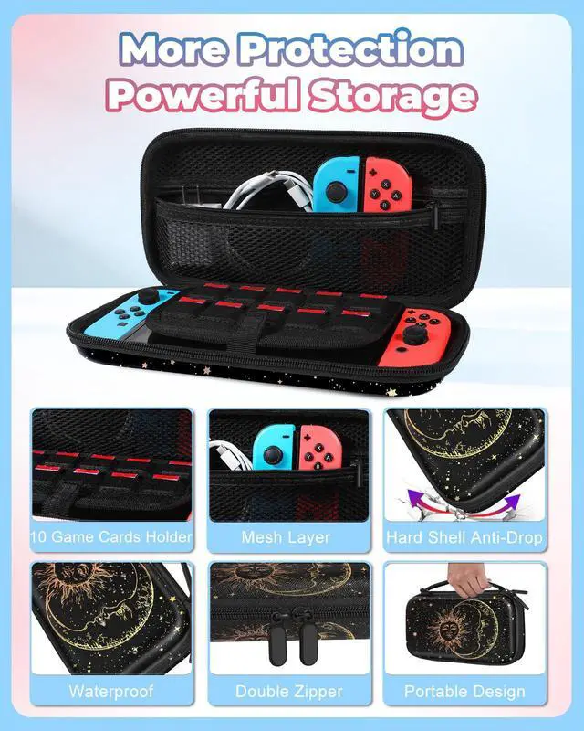 Alt view image 4 of 6 - Carrying Case for Nintendo Switch/Switch OLED Travel Carry Cases Hard Shell Protective Cover Strap Black Sun Moon Cute Girls Boys Accessories Storage Pouch Bag for Switch 1 (2017) /Oled 2021