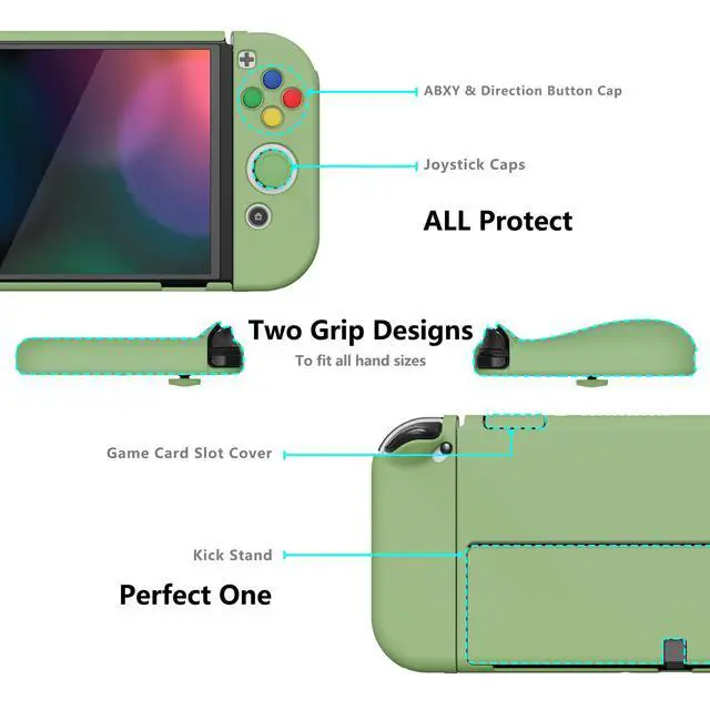 Alt view image 3 of 7 - AlterGrips Protective Slim Case for Nintendo Switch OLED, Ergonomic Grip Cover for Joycon, Dockable Hard Shell for Switch OLED w/Thumb Grip Caps & Button Caps - Matcha Green