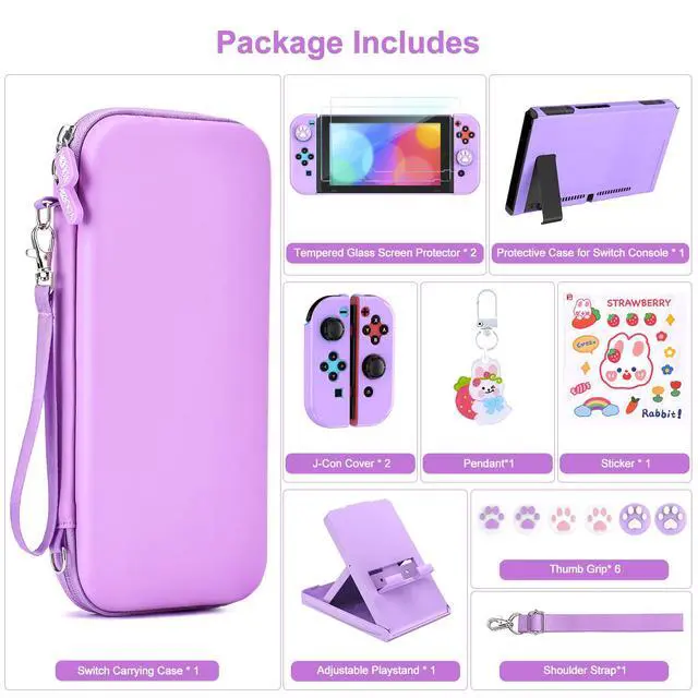 Alt view image 4 of 7 - Switch Accessories Bundle, 17 in 1 Purple Switch Accessories Kit for Girls Include Switch Carrying Case, Adjustable Stand, Protective Case for Switch Console & J-Con