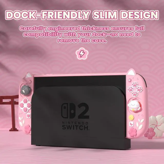 Alt view image 2 of 7 - Cherry Blossoms Kitten Protective Case for Nintendo Switch 2 with Stand | Cute Cat Ear & Paw Silicone Grips, Dockable Hard Shell, 2 Joystick Caps | Full-Body Protection Cover, Pink