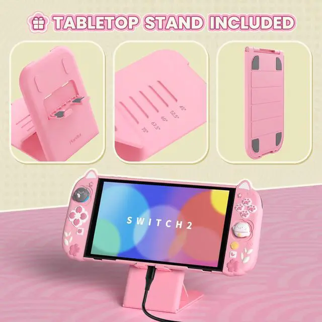 Alt view image 7 of 7 - Cherry Blossoms Kitten Protective Case for Nintendo Switch 2 with Stand | Cute Cat Ear & Paw Silicone Grips, Dockable Hard Shell, 2 Joystick Caps | Full-Body Protection Cover, Pink