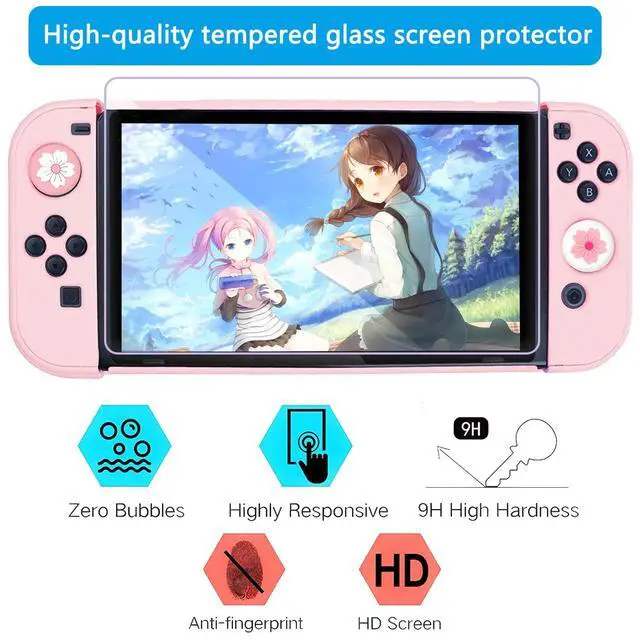 Alt view image 3 of 7 - Pink Dockable Protective Case Cover Compatible with Nintendo Switch Joy-Con Controllers,with Glass Screen Protector and 4 Thumb Grips,Shock-Absorption and Anti-Scratch (Pink)