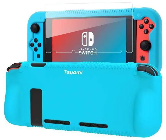 Main image of Protective Silicone Case for Nintendo Switch, Grip Cover with Tempered Glass Screen Protector, 2 Storage Slots for Game Cards, Shock-Absorption & Anti-Scratch (Blue)