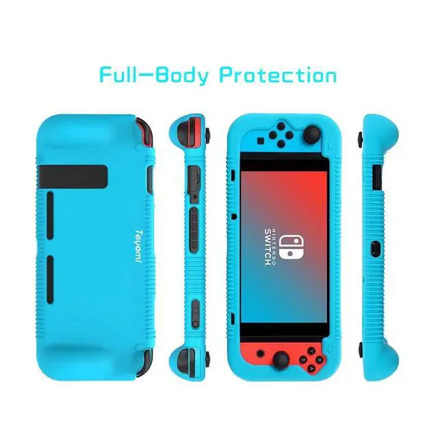 Alt view image 5 of 7 - Protective Silicone Case for Nintendo Switch, Grip Cover with Tempered Glass Screen Protector, 2 Storage Slots for Game Cards, Shock-Absorption & Anti-Scratch (Blue)