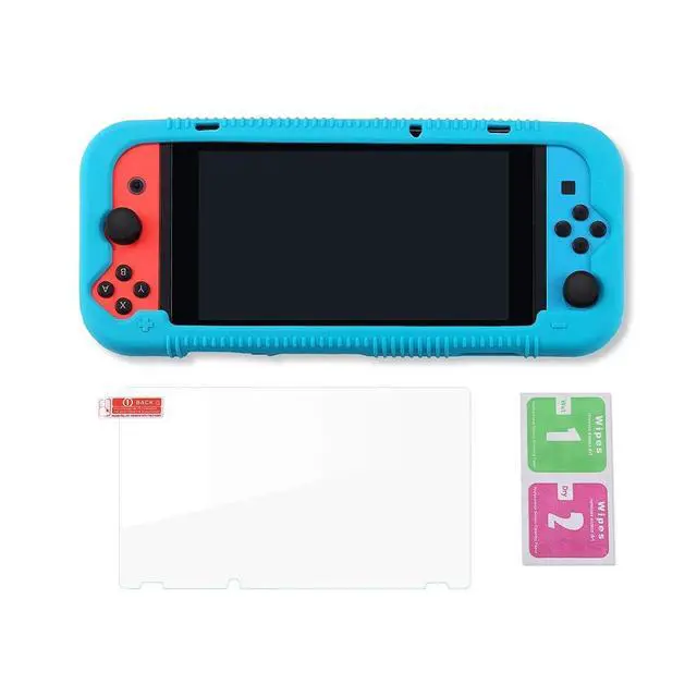 Alt view image 7 of 7 - Protective Silicone Case for Nintendo Switch, Grip Cover with Tempered Glass Screen Protector, 2 Storage Slots for Game Cards, Shock-Absorption & Anti-Scratch (Blue)